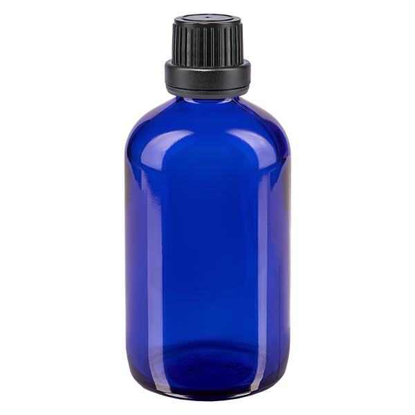 Blauwe glazen flessen 100ml met zwart druppelsluiting 2mm VR Blauwe glazen flessen 100ml met zwart druppelsluiting 2mm VR