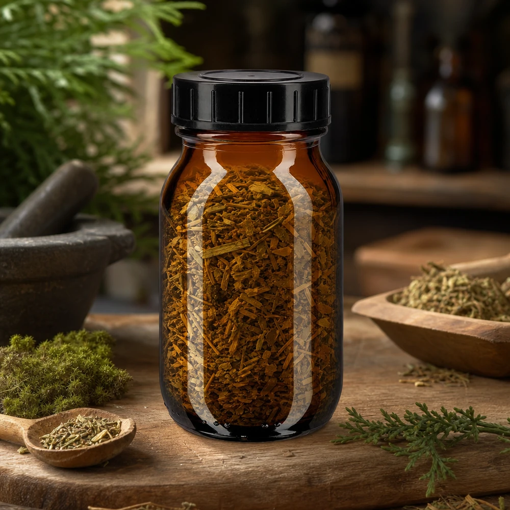 Compacte amberkleurige glazen fles van 100 ml met brede opening en zwarte dop voor eenvoudig vullen
