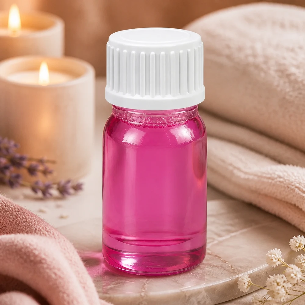 Klein glazen flesje 5ml in magenta met witte dop, ideaal voor reisverpakkingen en monsters