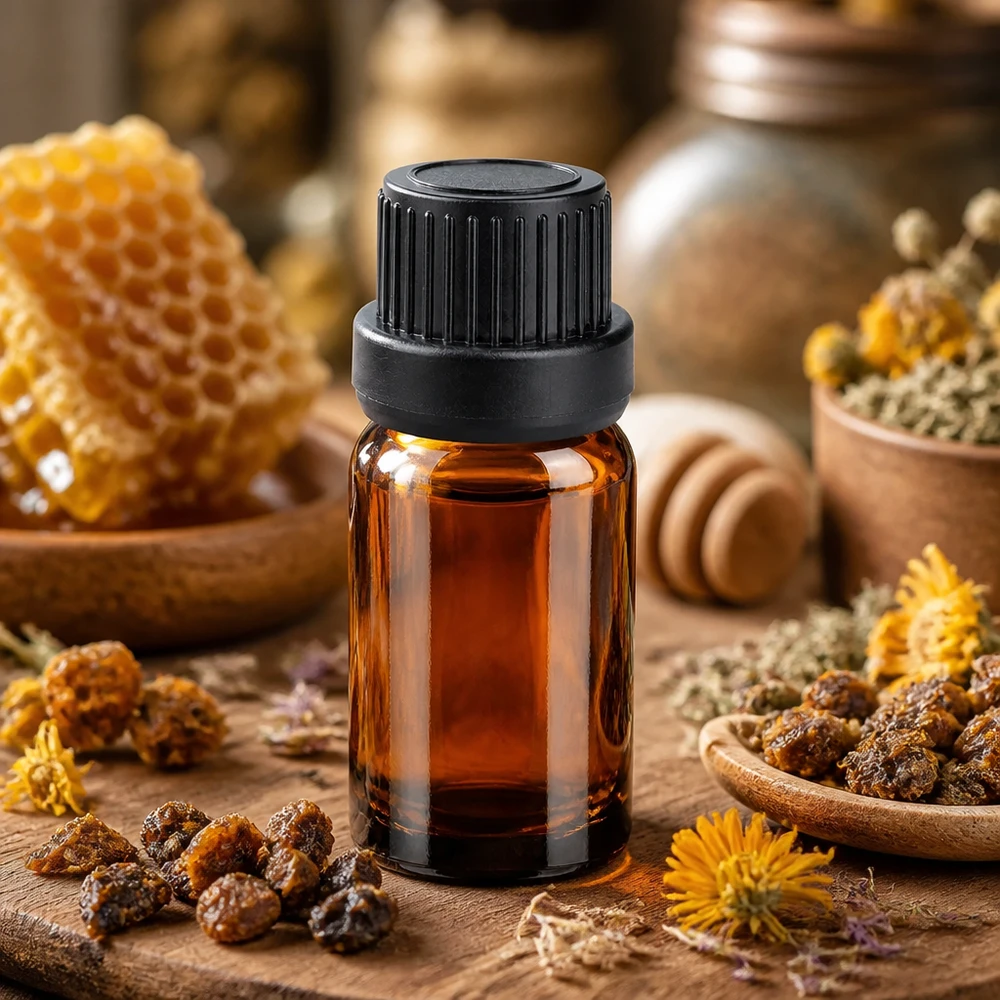 Hoogwaardig amberkleurig glazen flesje van 5 ml met UV-bescherming en zwarte schroefdop voor natuurlijke cosmetica