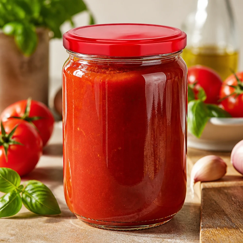555 ml rond glas + BasicSeal-deksel rood UNiTWIST Voedselveilige ronde glazen pot UNiTWIST van 555 ml met rode BasicSeal-deksel voor sauzen en chutneys