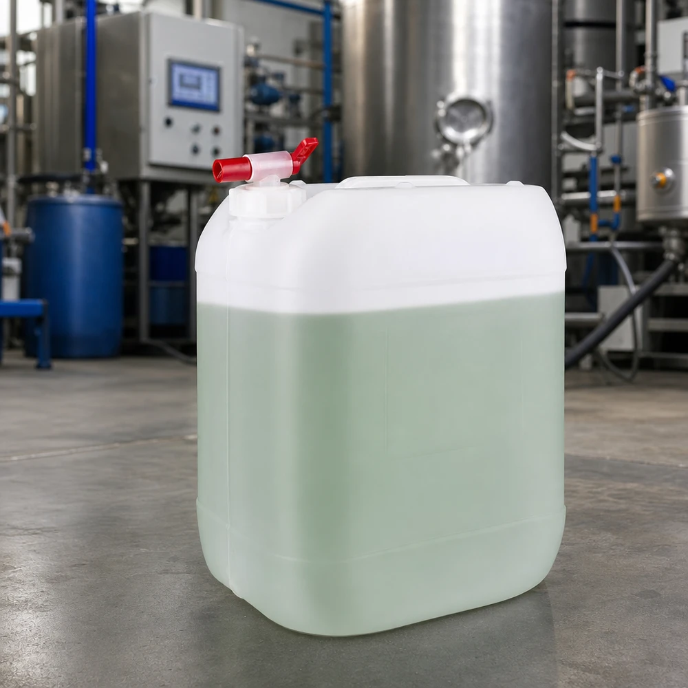 Halfvolle jerrycan van 20 liter met tapkraan voor een industriële productielijn