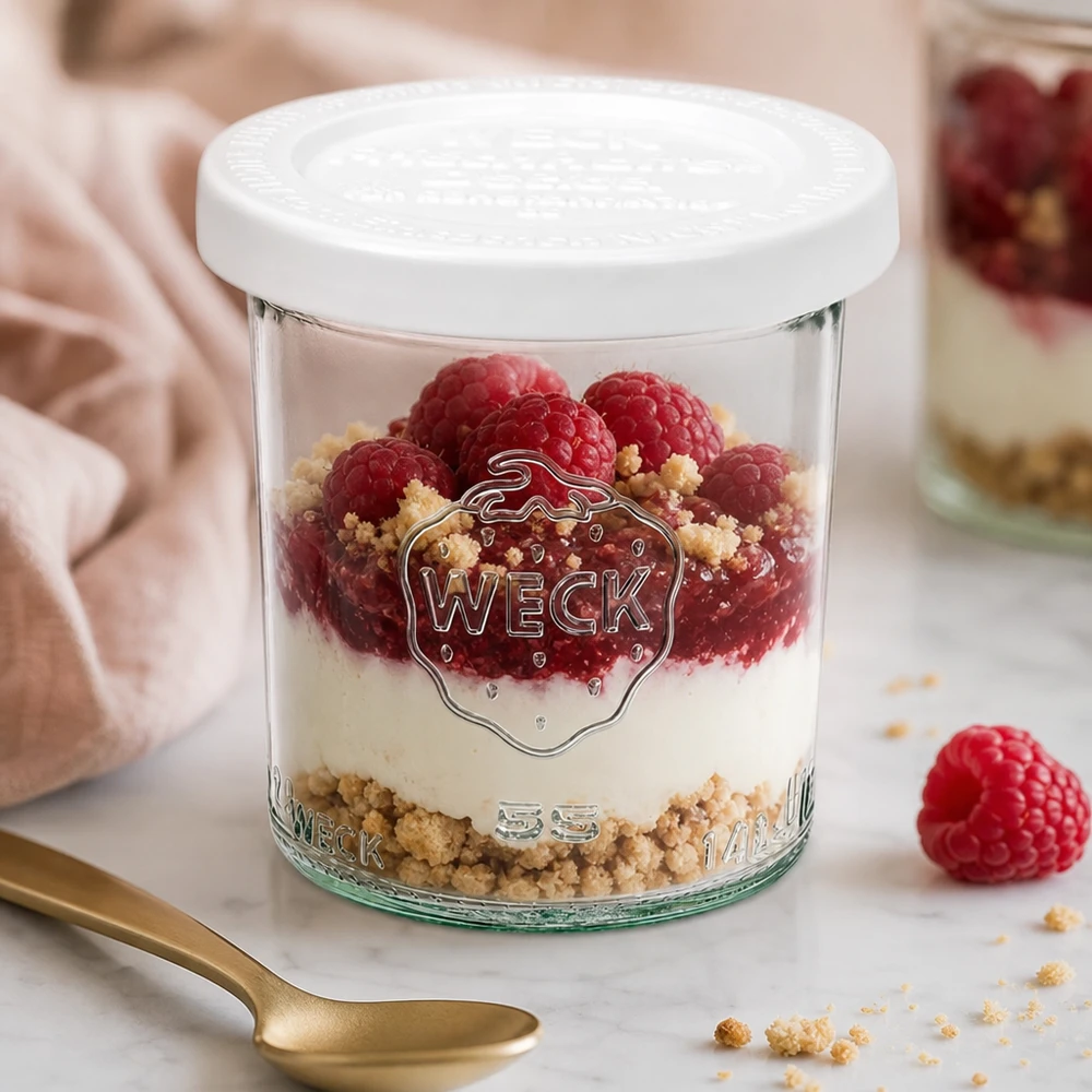 WECK RR60-pot van 140 ml met vershouddeksel WECK 140ml RR60 bekers gevuld met frambozen en mascarpone dessert - elegante presentatie voor zoete desserts