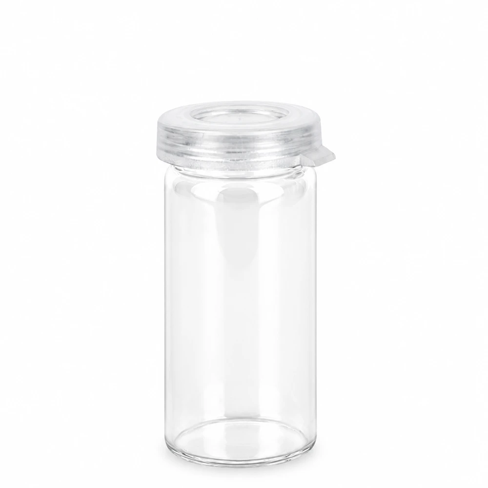 Mini-bewaarpotje van 5 ml van helder glas met een doorzichtige kliksluiting voor capsules