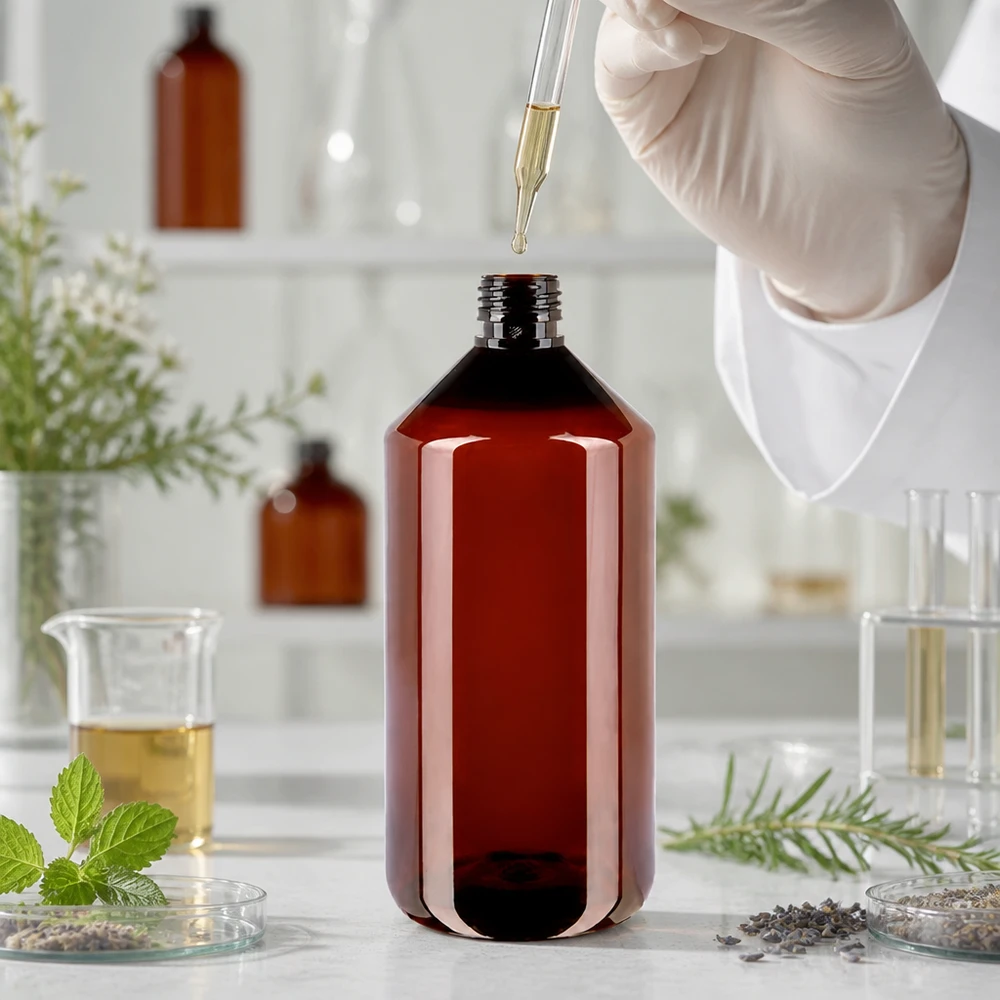 Lege apothekersfles van 1000 ml, PET, amberkleurig, zonder deksel, voor oliën, tincturen en extracten