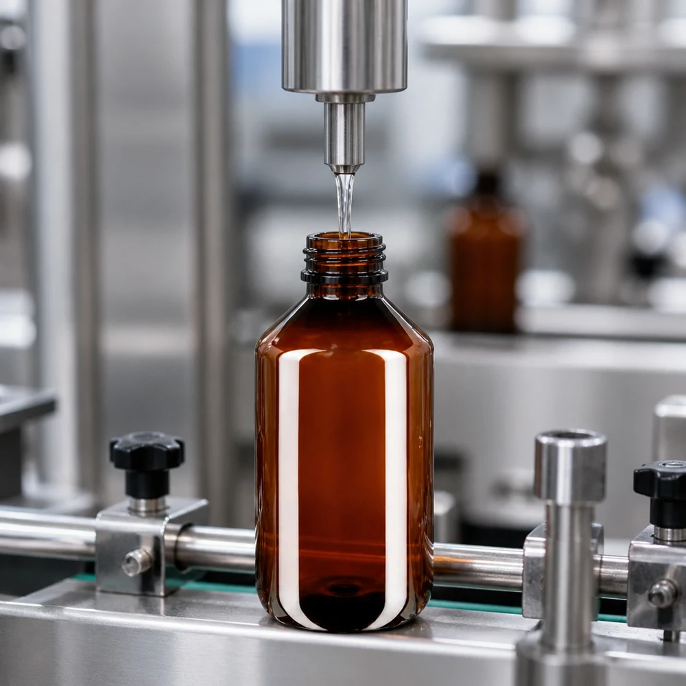 50 ml PET medicijnfles met verstuiver zwart GCMI 28/410 incl. dop transparant, standaard Bruine PET-fles van 500 ml, afgevuld in een GMP-conforme afvulinstallatie met een roestvrijstalen machine en originele sluiting