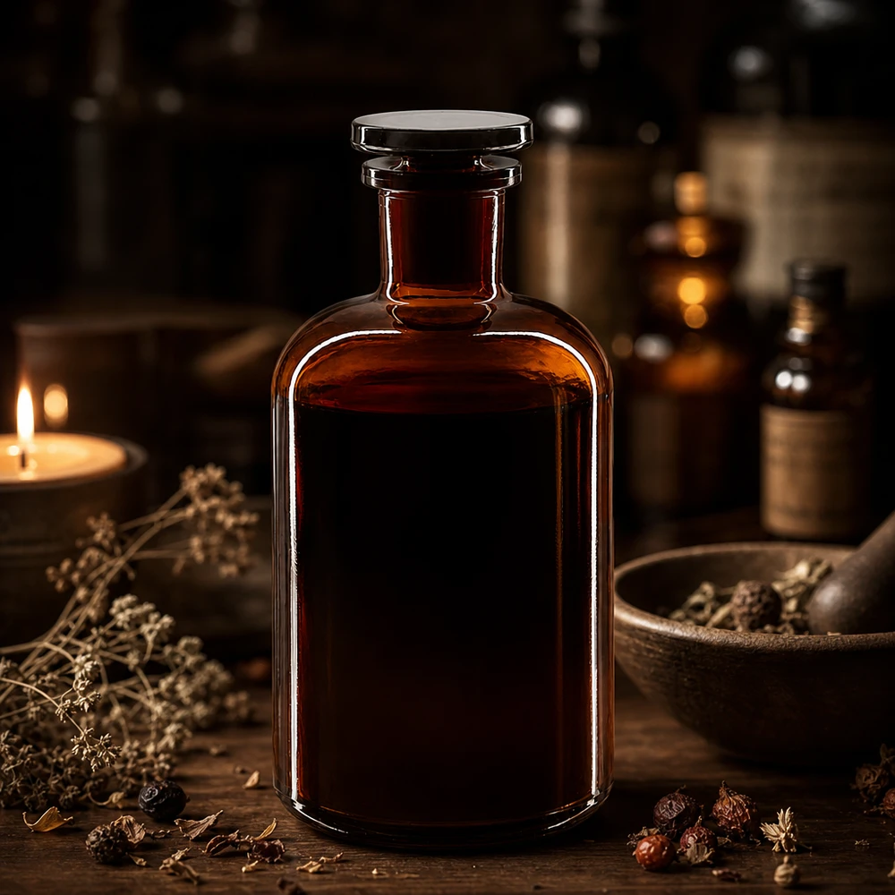 Donkere voorraadfles 500 ml, ronde schouders, smalle hals, glazen stop voor etherische oliën en extracten