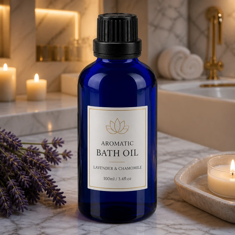 Cilindrische blauwe glazen fles van 50 ml, opening 11 mm, ideaal voor aromatherapie en badoliën