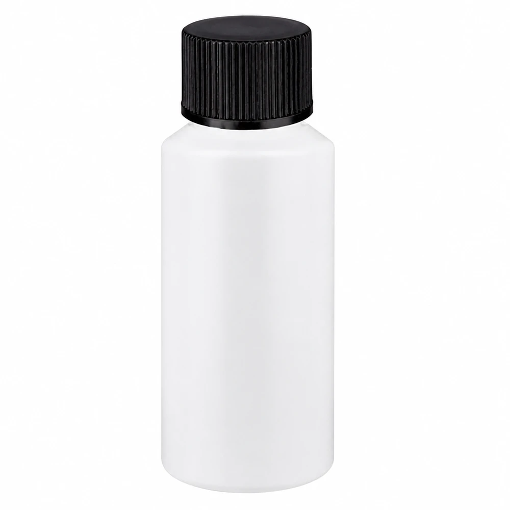 PET cilinderfles 30ml wit met schroefsluiting zwart Compacte ronde apotheekfles van wit HDPE, inhoud 30 ml, met zwarte dop