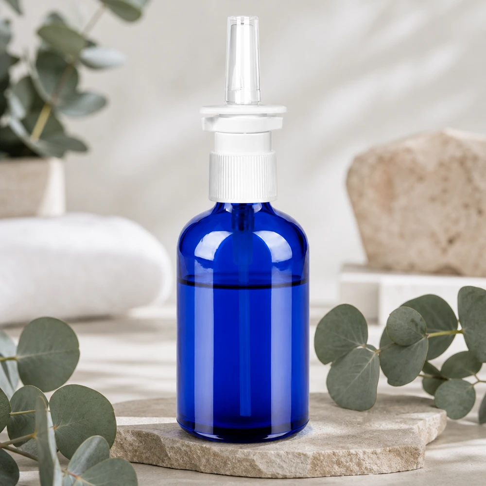 100ml spuitfles in diepblauwe kleur met witte pompverstuiver voor farmaceutische producten