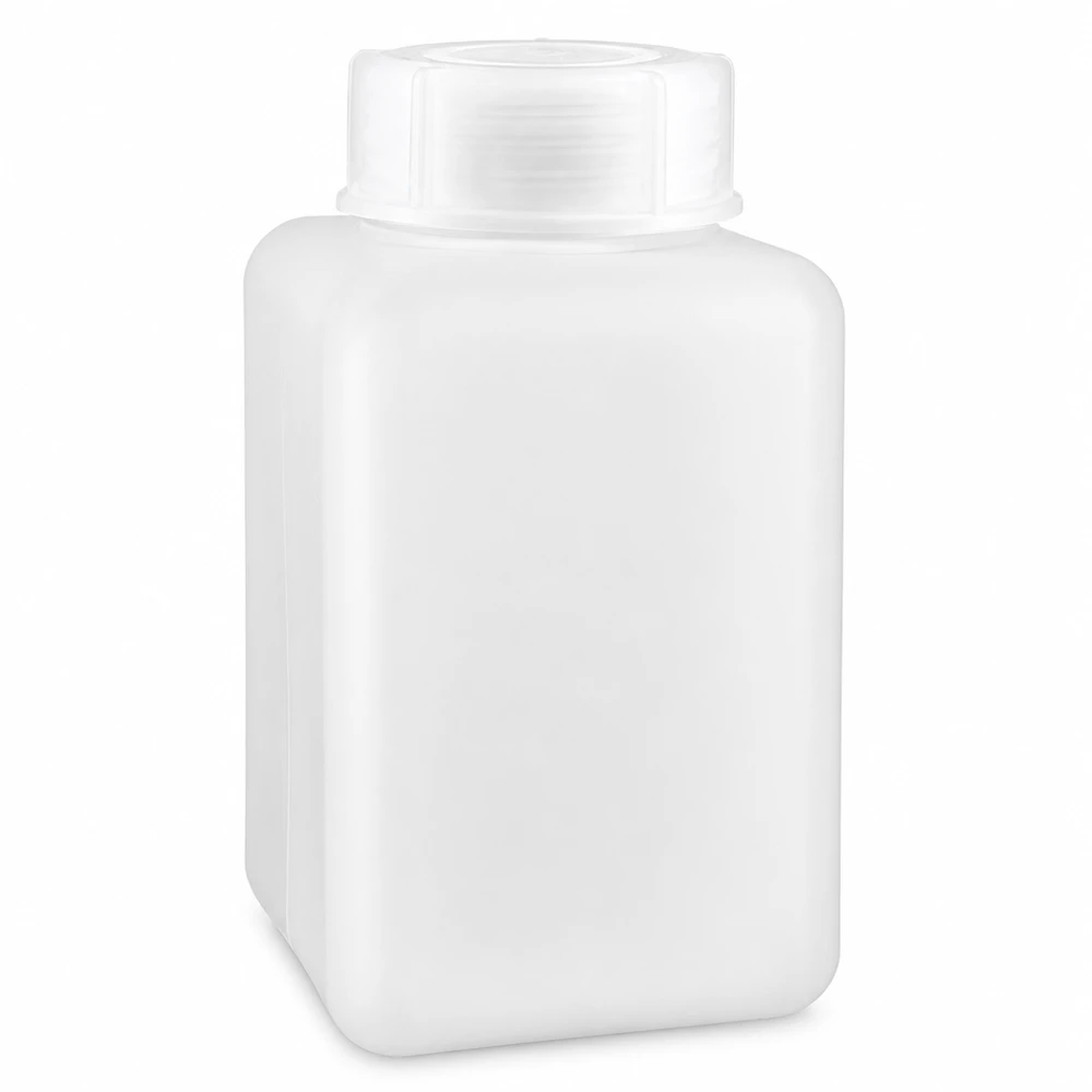 Stevige fles met brede hals van PE-HD, 1000 ml, rechthoekig, naturel, chemicaliënbestendig, met deksel