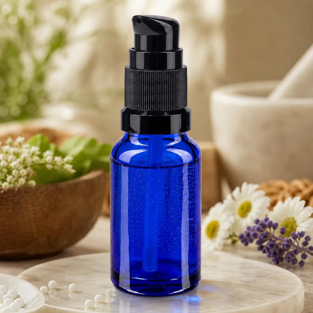 Blauwe glazen flessen 10ml met zwart pompsluiting Blauw ApoGlas-flesje van 10 ml met pompdop voor een nauwkeurige dosering van oliën