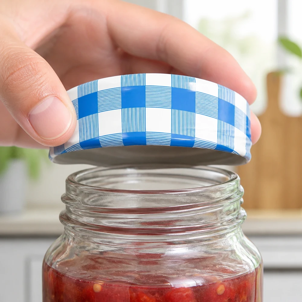 Blauw-witte geruite deksel TO82 82 mm, geschikt voor standaard inmaakpotten voor het inmaken