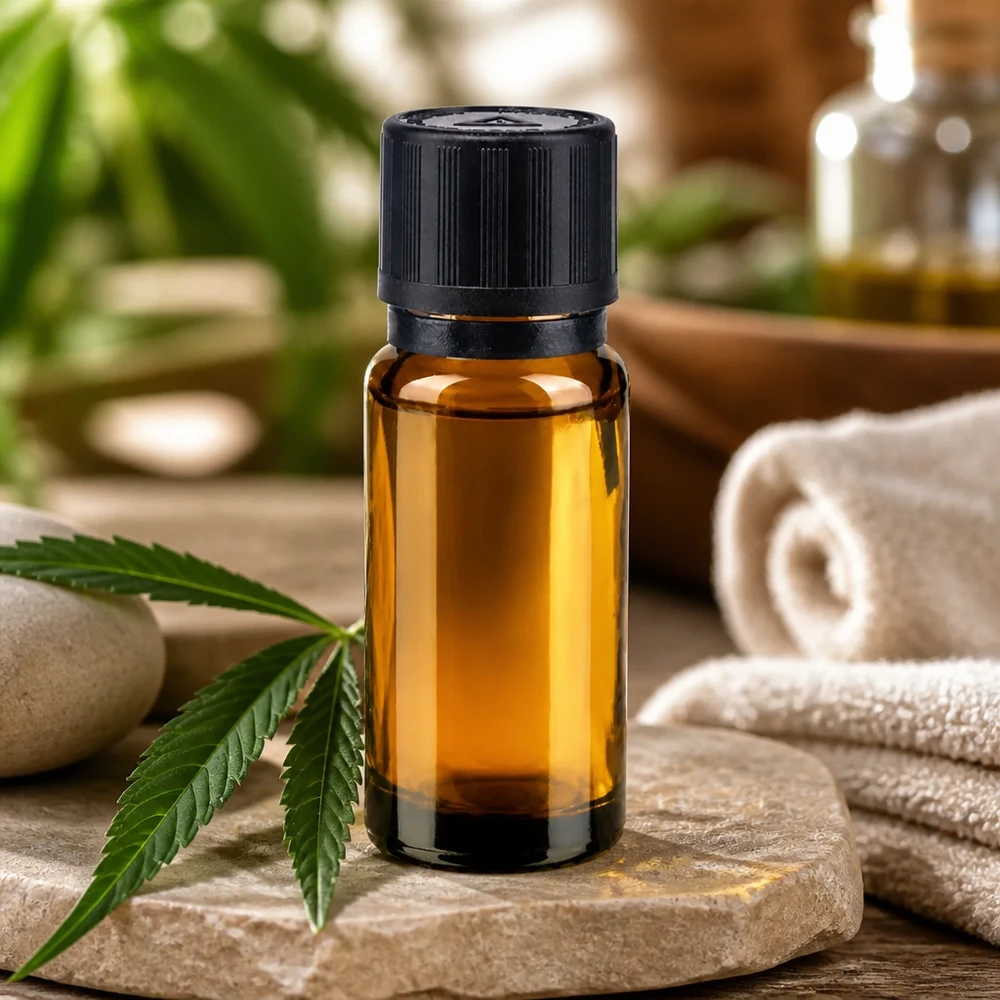 Apotheekflesje van 10 ml met OV-sluiting en een druppelopening van 1 mm op natuursteen met een hennepblad