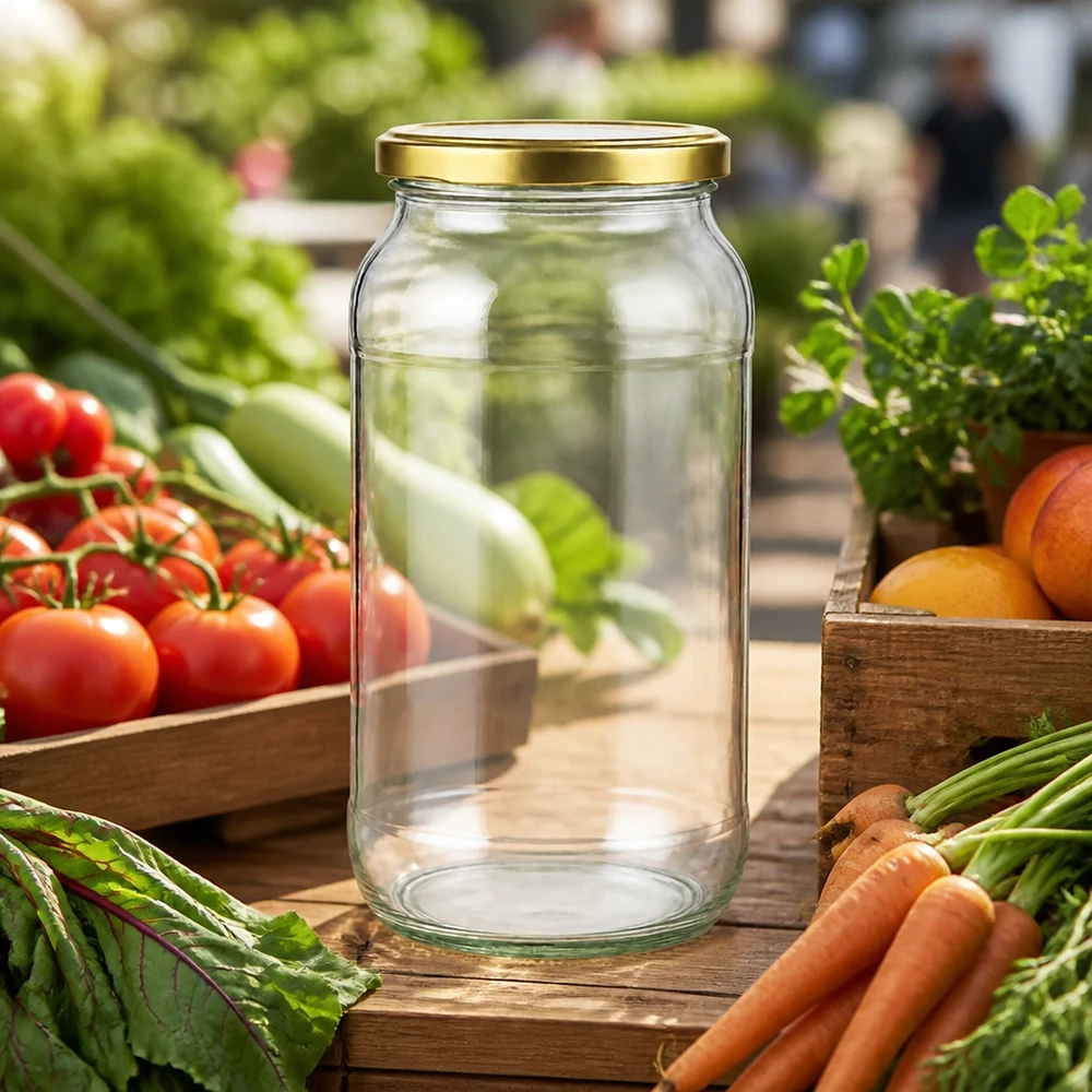 1062ml ronde pot met gouden BasicSeal deksel tussen verse tomaten en wortelen op een houten tafel in de tuin