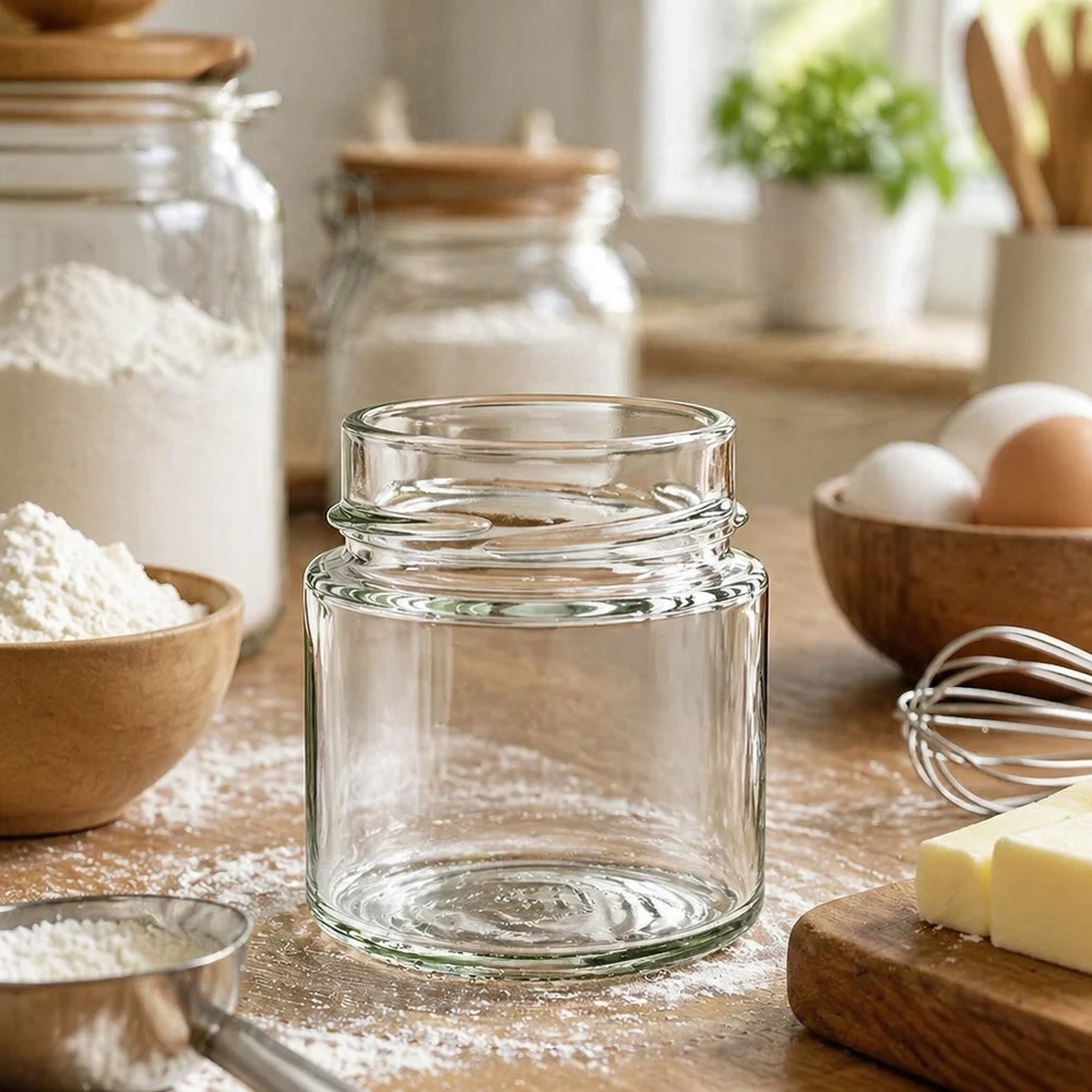 Lege ronde inmaakpot 135ml UNiTWIST Runda135 TO58deep op keukentafel tussen bakingrediënten en keukengerei