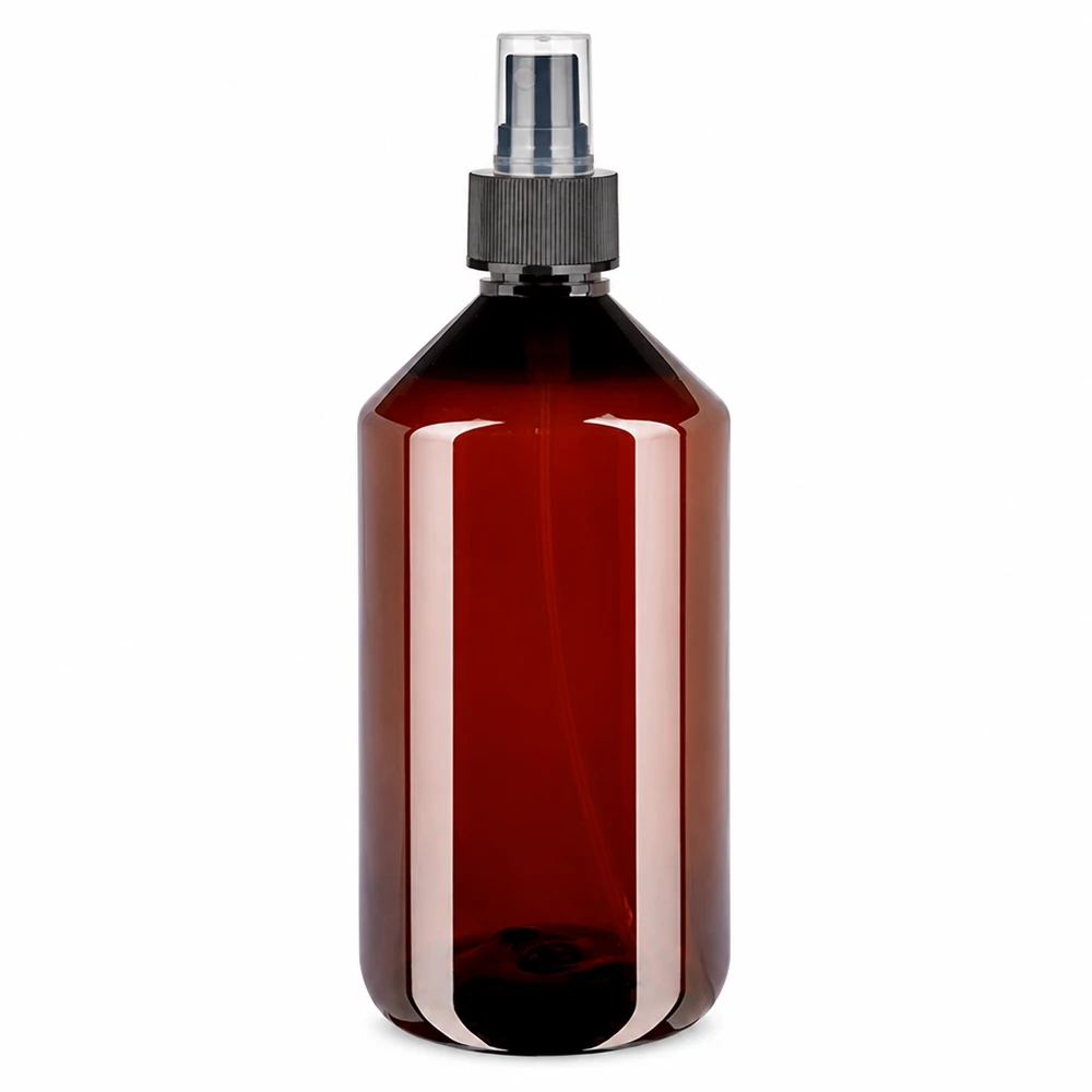PET-fles 750 ml met verstuiver zwart Hervulbare verstuiverfles van 750 ml, van bruin transparant PET, met verstuiverkop