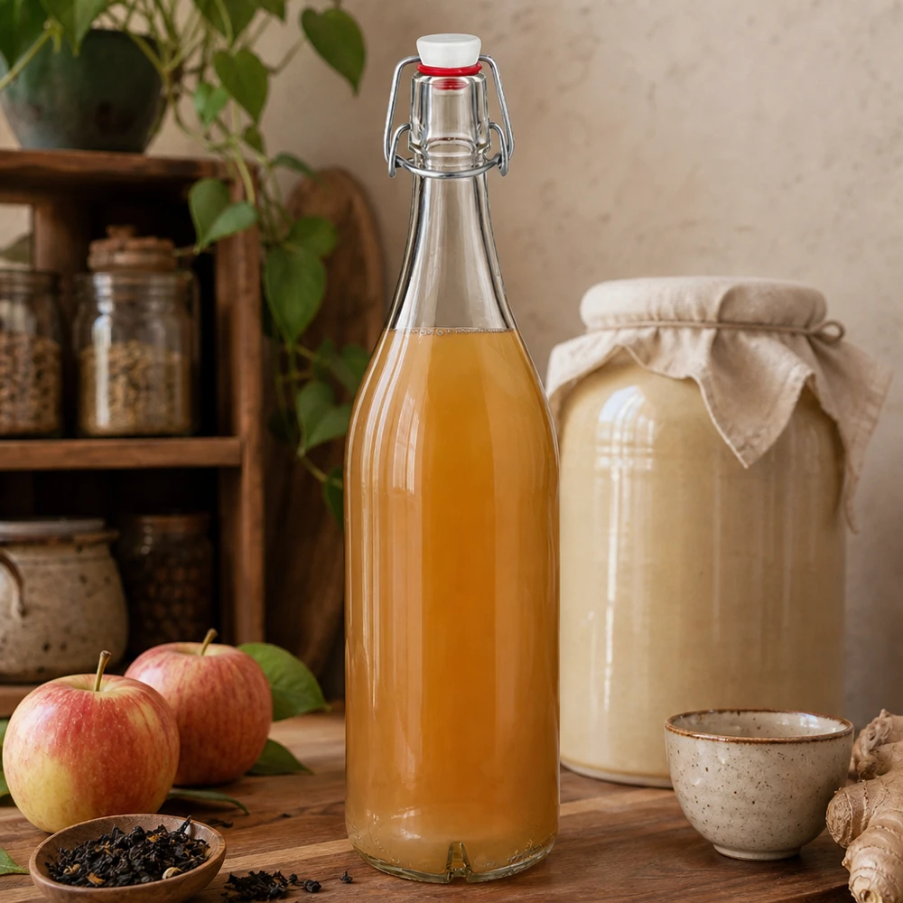 1000ml glazen fles met draaidop gevuld met appelsap naast verse appels en kombucha in een rustieke keuken