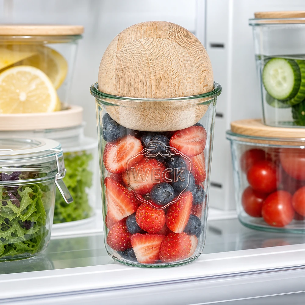 WECK RR100 bekers 850ml met verse bessen in de koelkast, beukenhouten bal als deksel om vers te houden