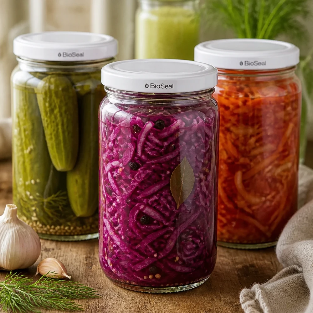 305ml rond glas met BioSeal deksel wit UNiTWIST UNiTWIST Runda305 Gläser mit weißem BioSeal Deckel gefüllt mit eingelegtem Gemüse - Gurken Rotkohl Karotten