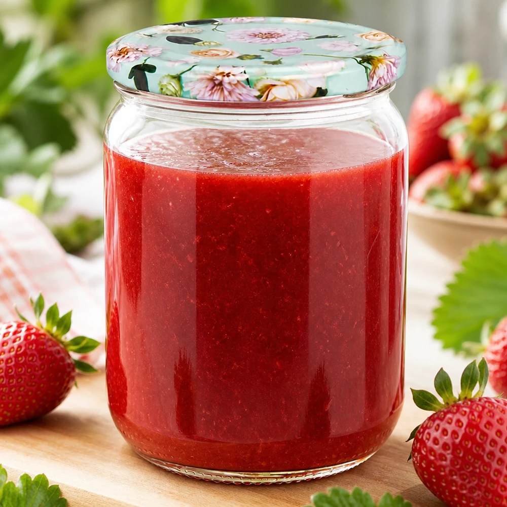Inmaakpot 555 ml UNiTWIST met aardbeienjam, BasicSeal-sluiting, bloemenmotief, mintgroen