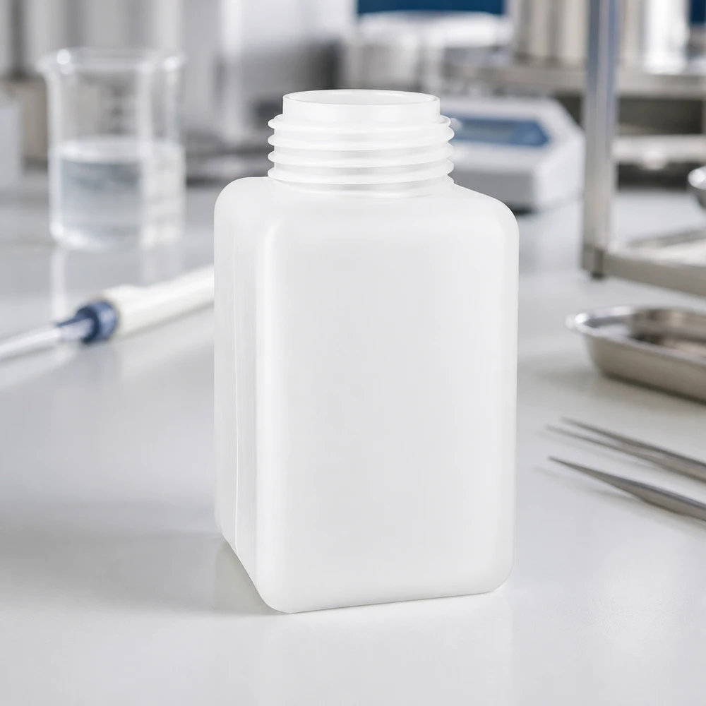 Chemicaliënfles 1000 ml, nauwe hals, incl. sluiting GL 32 Polyethyleenfles met hoge dichtheid, 1000 ml, smalle hals, naturel, voor veilige opslag in een cleanroom