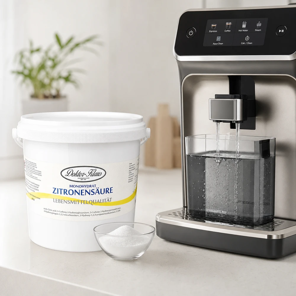 5kg citroenzuur Doktor-Klaus monohydraat in een praktische voorraademmer voor het ontkalken van koffiemachines