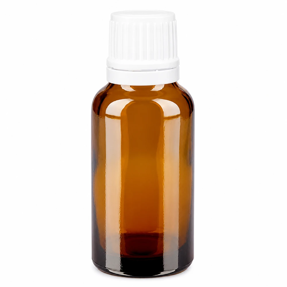 Bruine glazen fles 20ml met wit schroefsluiting VR Apothekersflesje van 20 ml, bruin glas, UV-bescherming, met witte veiligheidsdop, OV 11 mm