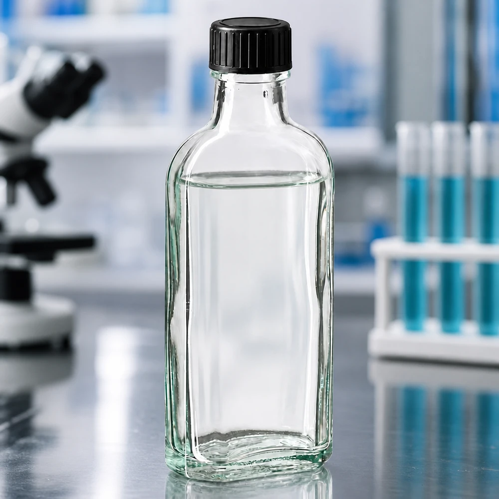 100 ml witte meplatfles met DIN 22 monding, inclusief schroefsluiting DIN 22 zwart van EPE Kleine, heldere glazen fles met een platte romp en een zwarte dop, bestemd voor gebruik in chemische laboratoria