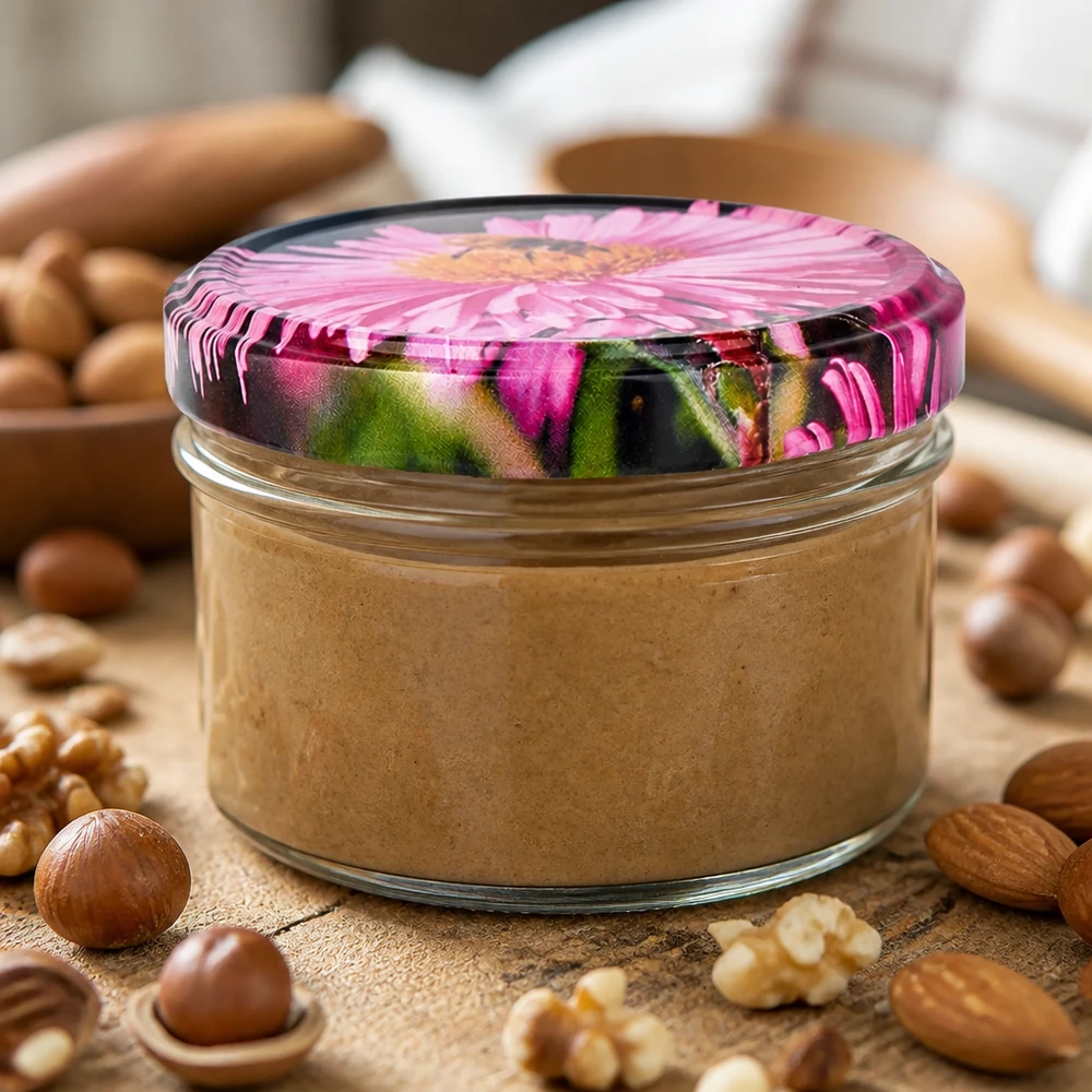 Rond glas van 186 ml + BasicSeal-deksel 'Blüte' UNiTWIST Compacte UNiTWIST-schroefpot van 186 ml met decoratief BasicSeal-deksel met bloemmotief voor in de keuken