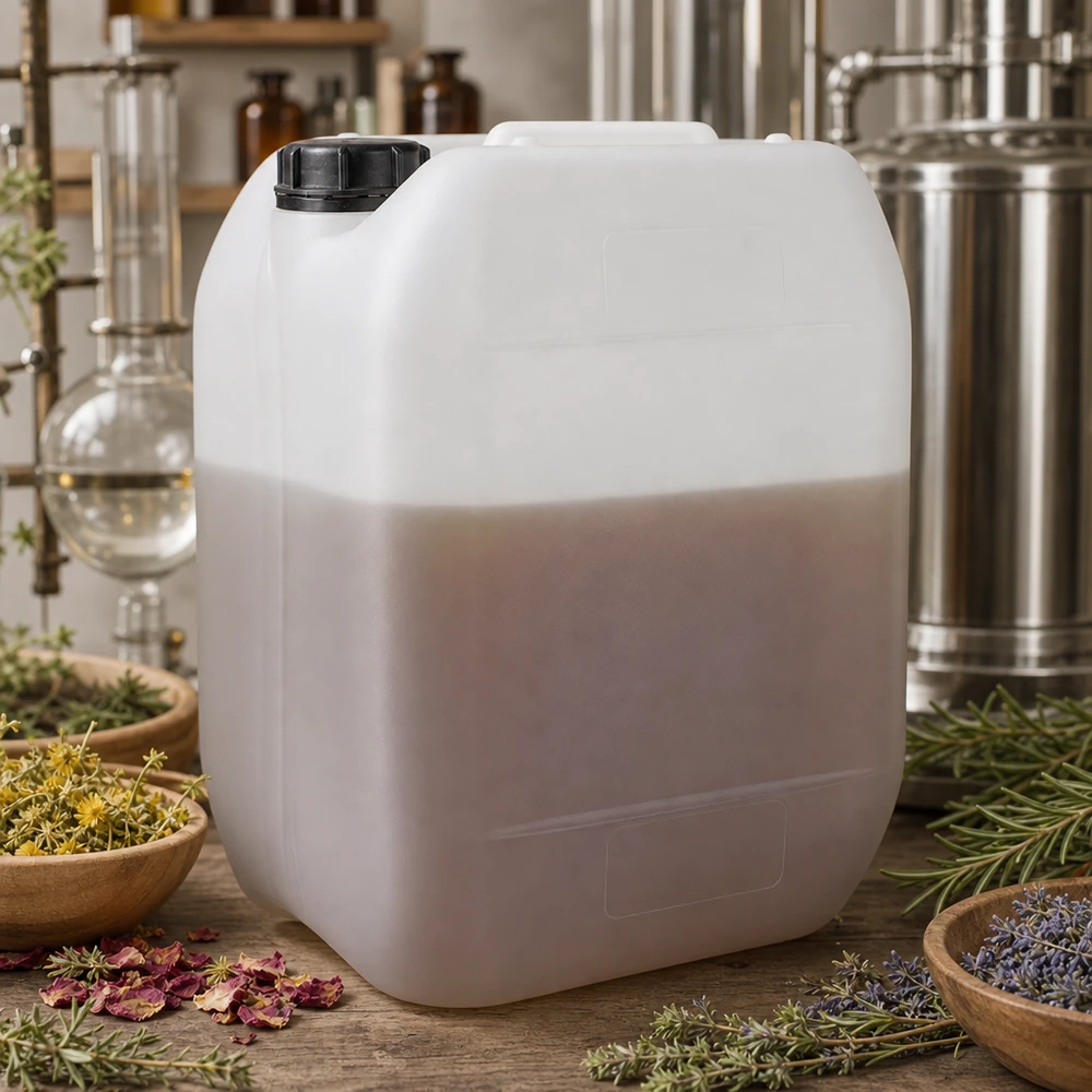Stevige voorraadkan van 10 liter voor plantenextracten, naast de distilleerinstallatie