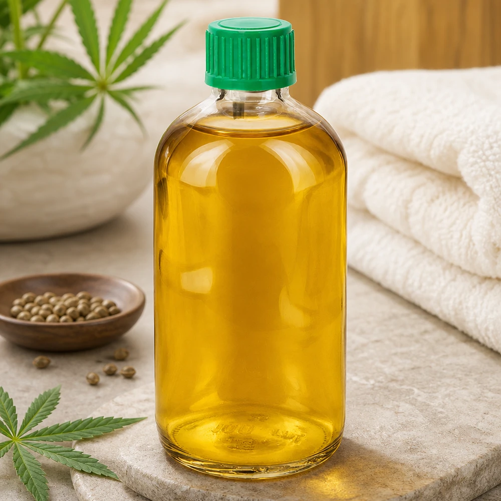 Hennepolie in een ClearLine-druppelflesje UT18 van 100 ml met groene dop en hennepbladeren
