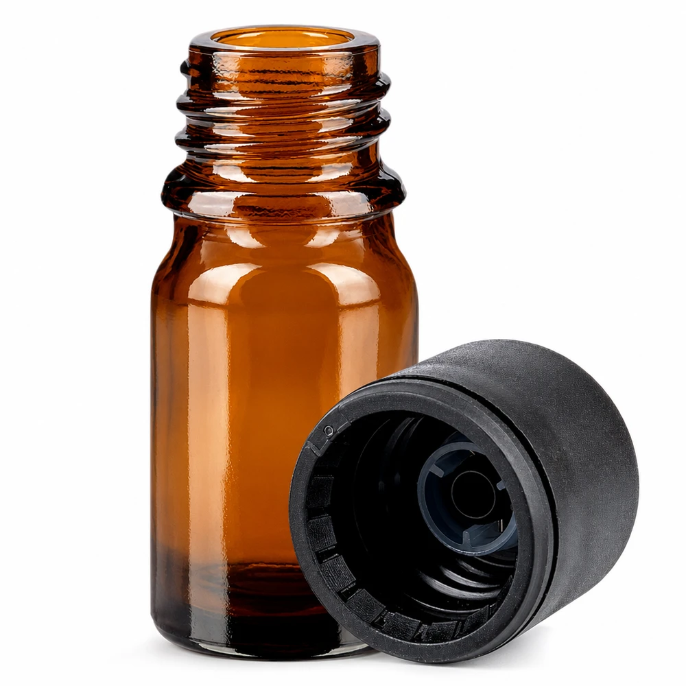 5ml aromatherapieflesje van bruin glas met kindveilige dop 6mm opening