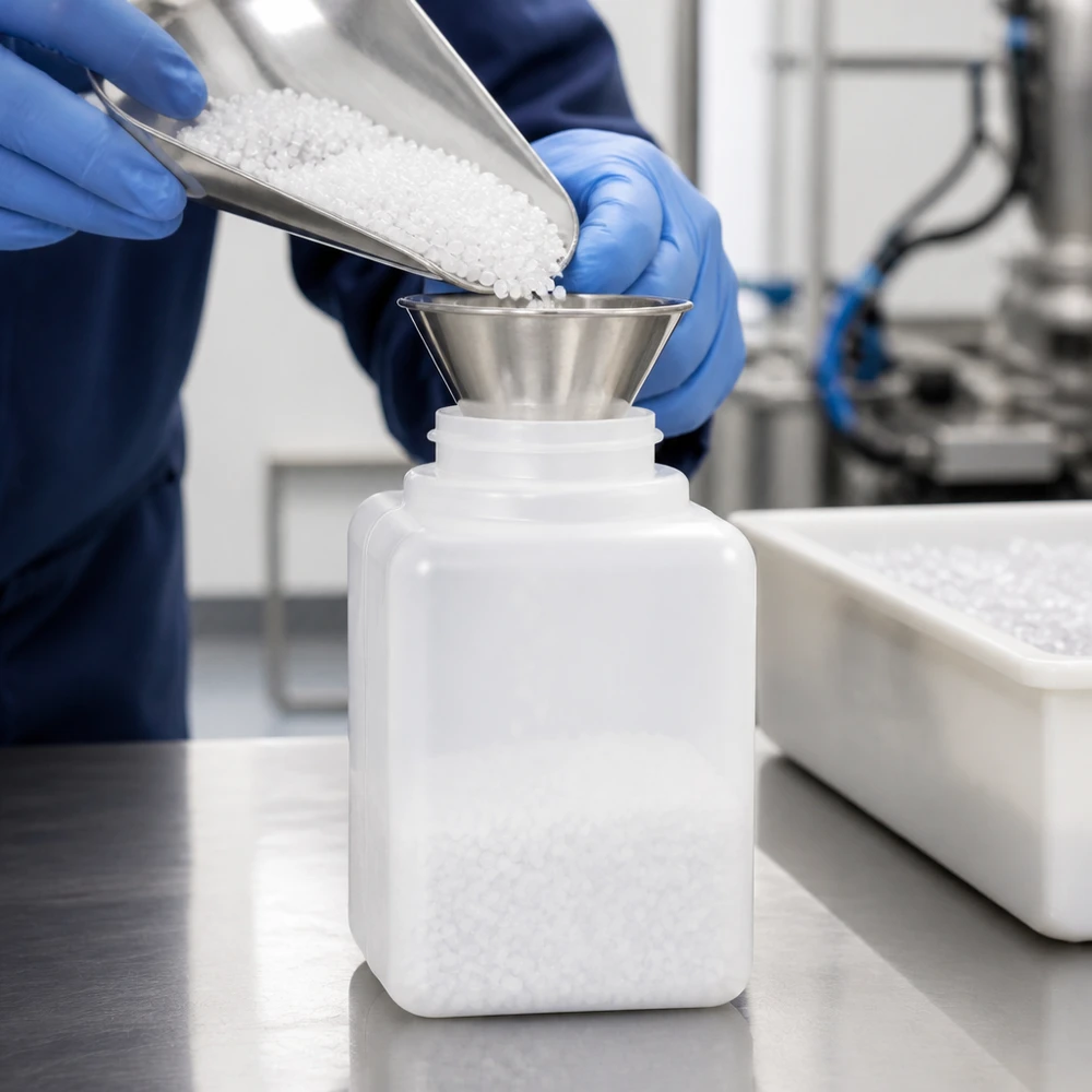 Chemicaliënfles 20 ml, nauwe hals, incl. sluiting GL 18 Roestvrijstalen trechter op een vierkante PE-HD-fles van 20 ml met smalle hals voor chemicaliën bij het afvullen van granulaat
