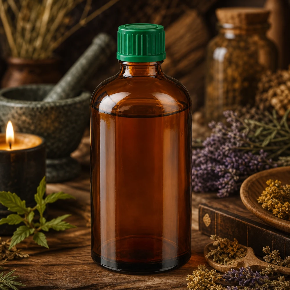 Traditionele apothekersfles 100ml van bruin glas met standaard groene dop voor alternatieve artsen