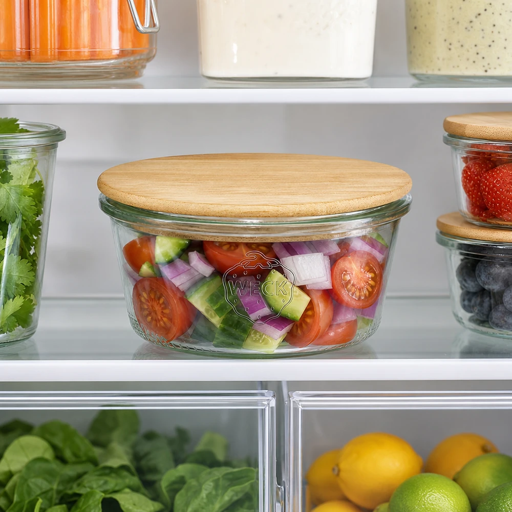 290ml stortglas laag WECK RR80 met hout deksel WECK bekers 290ml RR100 met bamboe houten deksel in de koelkast, gevuld met verse salade, optimaal bewaren