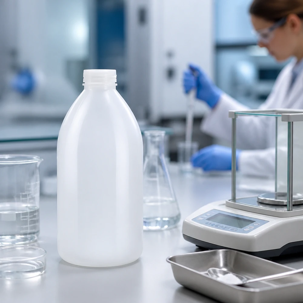 Laboratoriumfles met smalle hals van 1000 ml naast een bekerglas en een digitale weegschaal in een laboratoriumomgeving