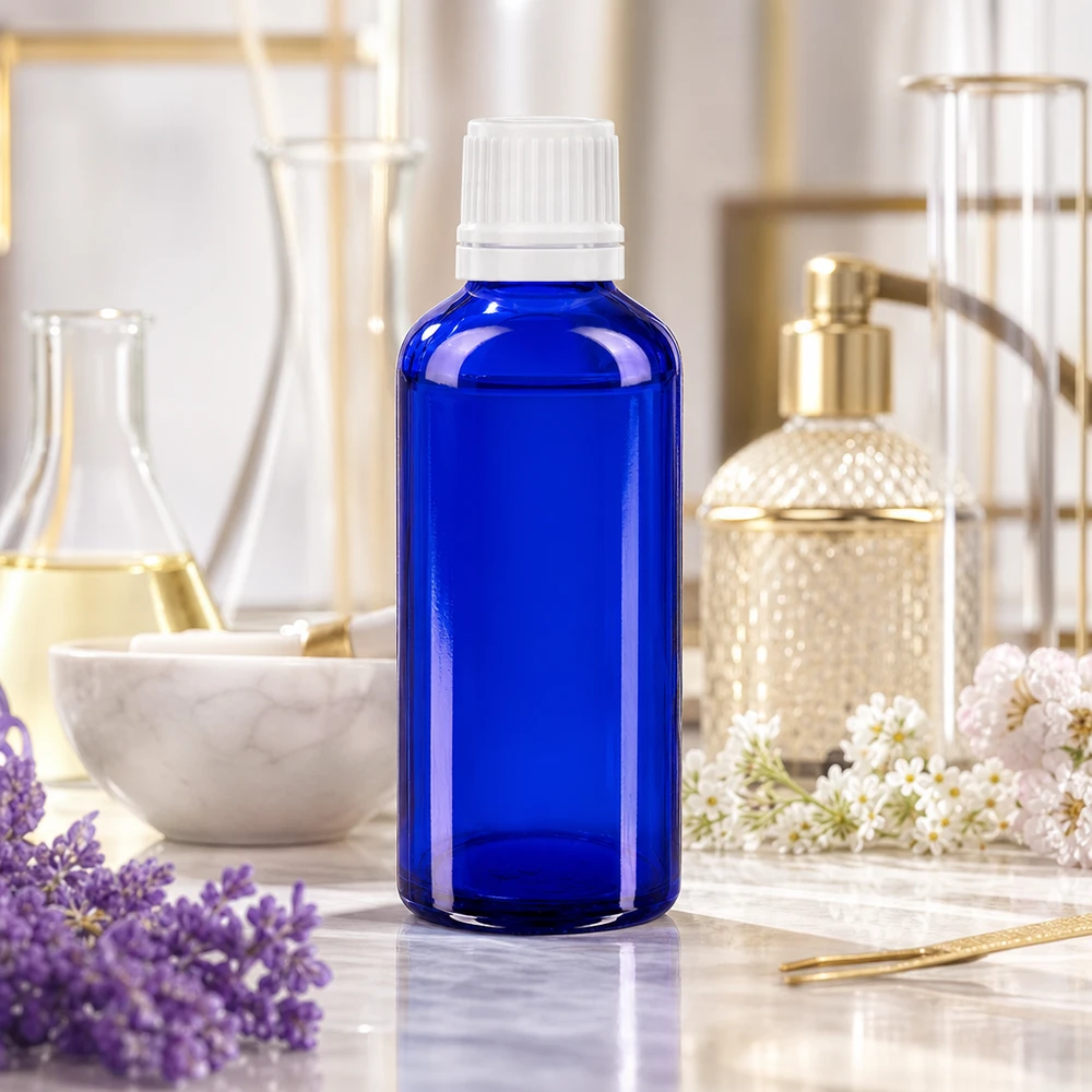 Lichtbestendige fles van 50 ml, blauw apothekersglas met witte druppeldop voor oliën