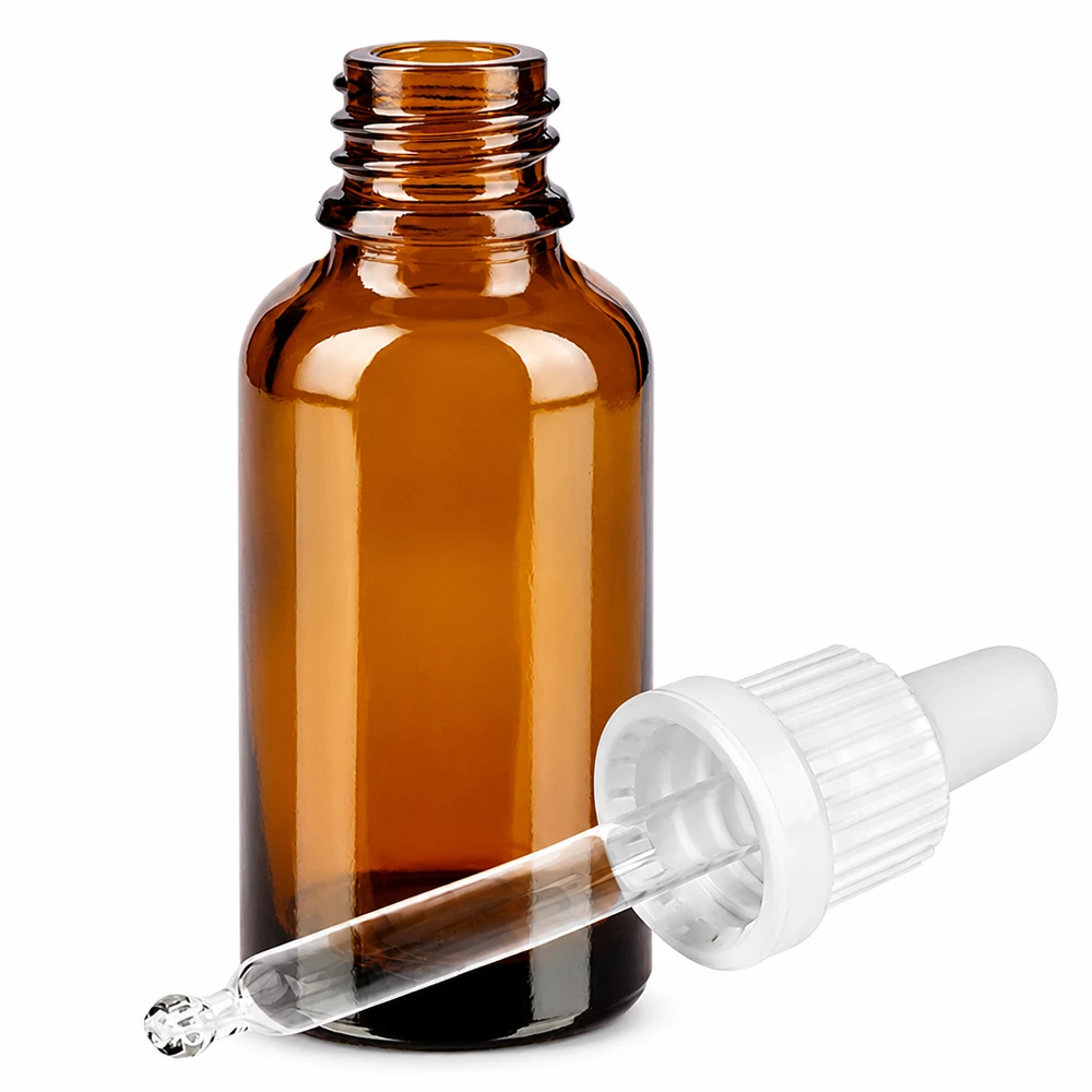 Compacte pipetfles 30ml van amberkleurig glas met hygiënisch druppelsysteem