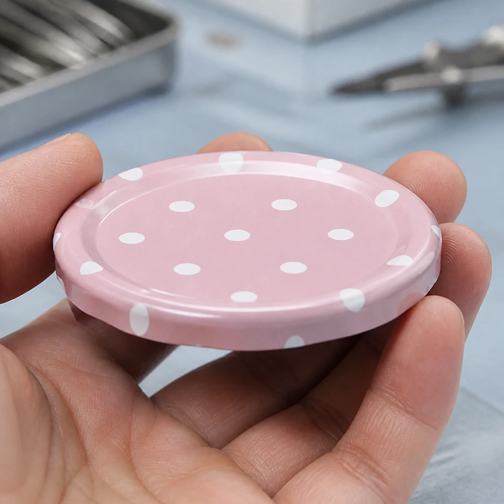 Voedselveilige twist-off-deksel 58 mm, roze met witte stippen, BasicSeal-bewaarpot