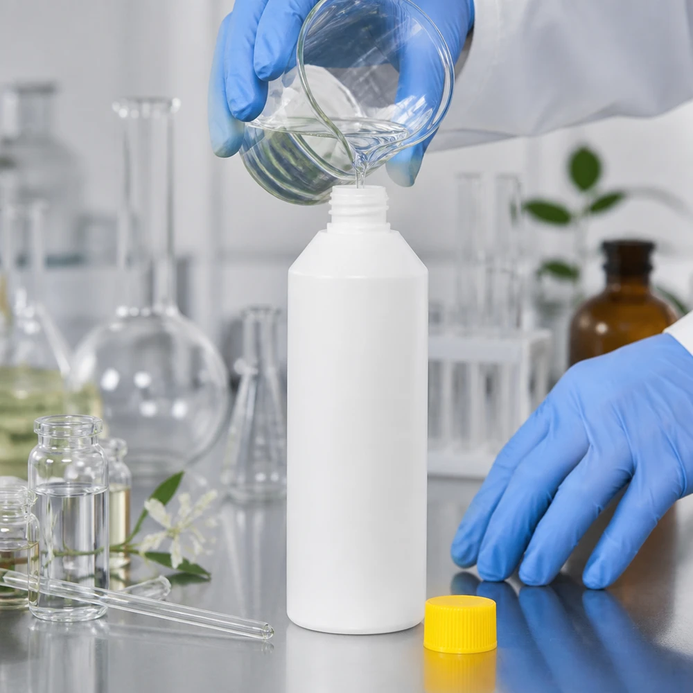 Een chemicus met blauwe handschoenen vult een witte HDPE-fles van 250 ml met laboratoriumvloeistof