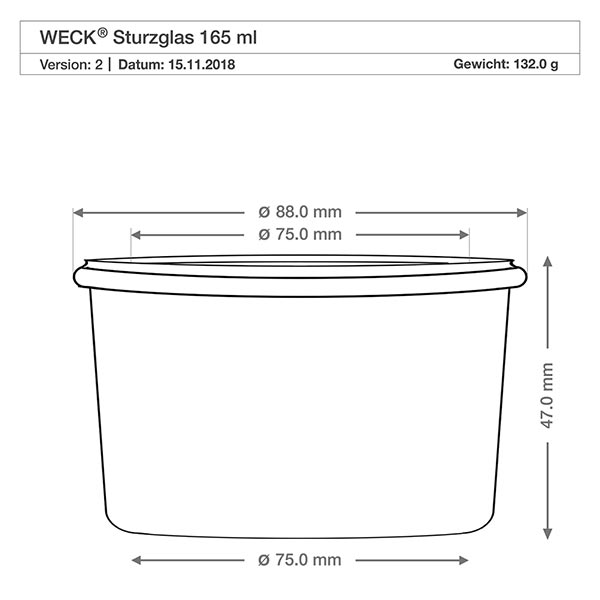 165ml stortglas met vershouddeksel WECK RR80 Technische maattekening WECK 165ml RR80 bekers met afmetingen diameter 88mm hoogte 47mm gewicht 132g