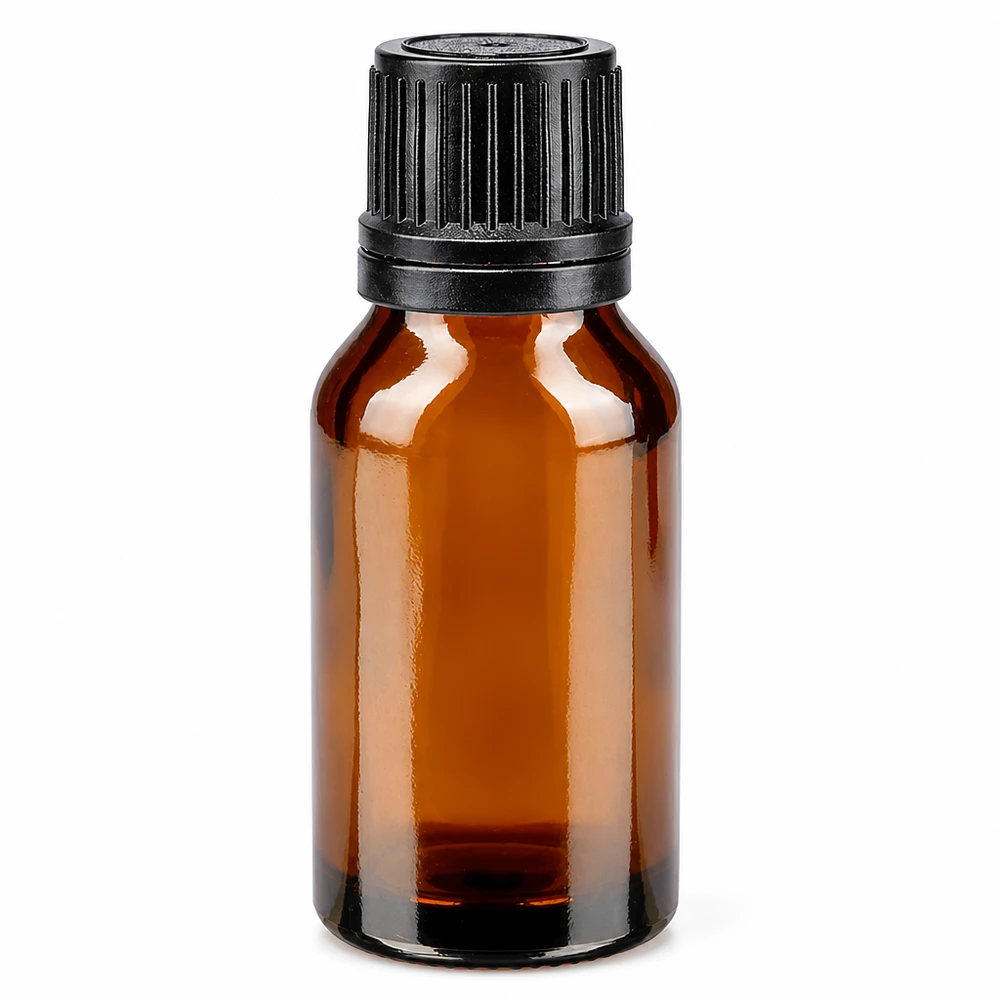Bruine glazen fles 15ml met zwart druppelsluiting 1mm VR Bruine apothekersfles van 15 ml met zwarte druppeldop en een opening van 1 mm, gemaakt van bruin glas