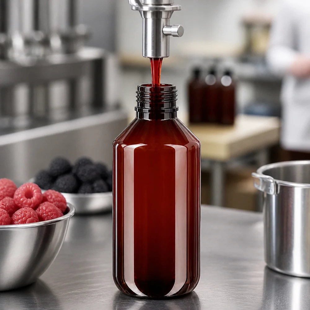 PET-fles 200ml met zwarte spuitdop OV Kleine PET Flasche 200ml amber für Beerensirupe und Säfte mit schwarzem Spritzverschluss OV