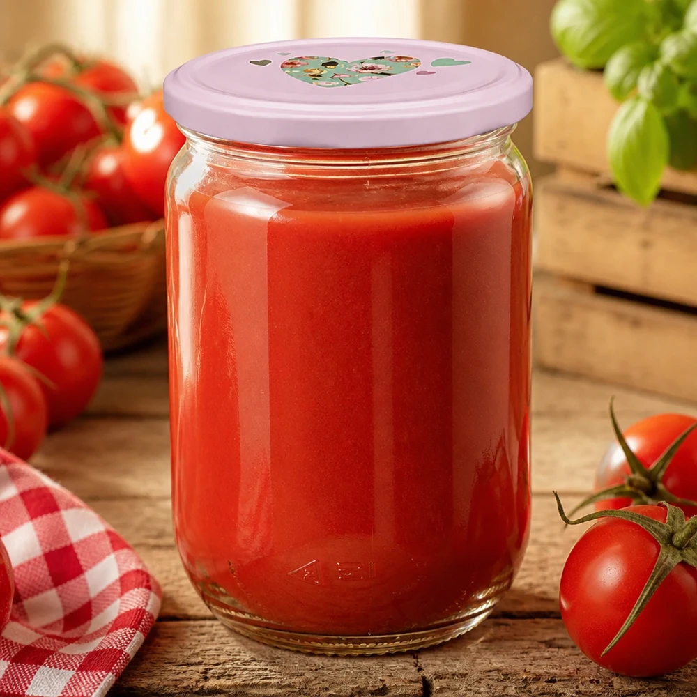 Einweckglas van 555 ml met tomatenpuree en een decoratief deksel met hartmotief, ideaal voor het inmaken van tomaten