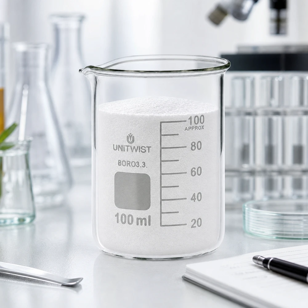 Beker 100ml borosilicaat, lage vorm UNiTWIST Laboratoriumfoto UNiTWIST bekerglas 100 ml borosilicaat, gevuld met witte vaste stof