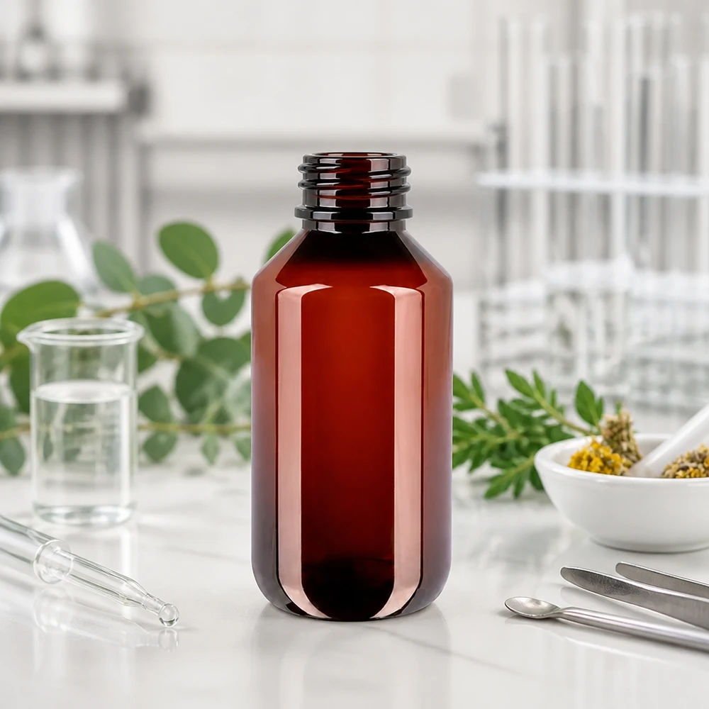 PET-fles van 200 ml zonder dop, met een bruin ontwerp met UV-bescherming voor lichtgevoelige vloeistoffen
