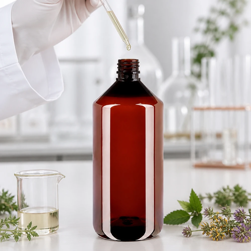 PET fles 1000ml met bruine dop Standaard Robuste Braunflasche aus PET 1 Liter mit UV-Schutz für Laboranwendungen