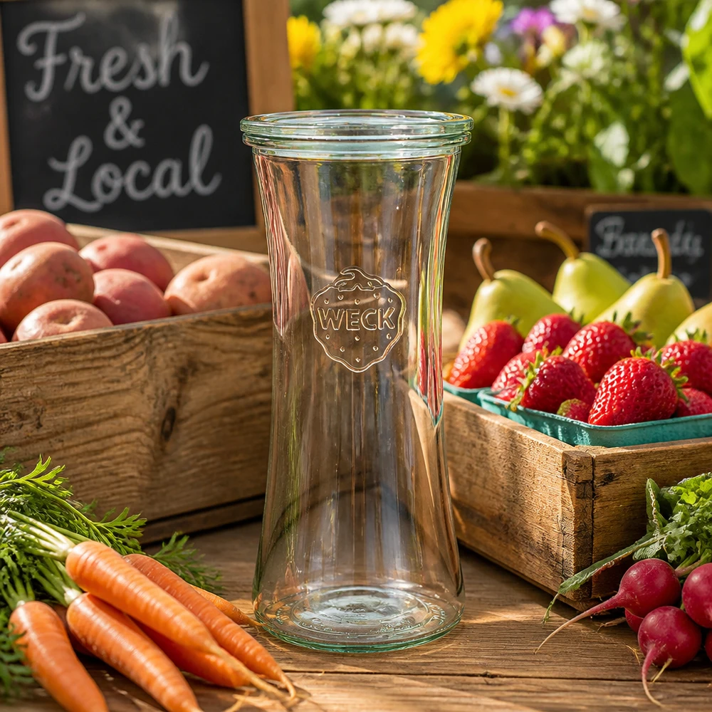 WECK delicatessenpot 700ml RR80 tussen vers fruit en groenten op een rustieke houten tafel - inmaakpot voor lokale pro