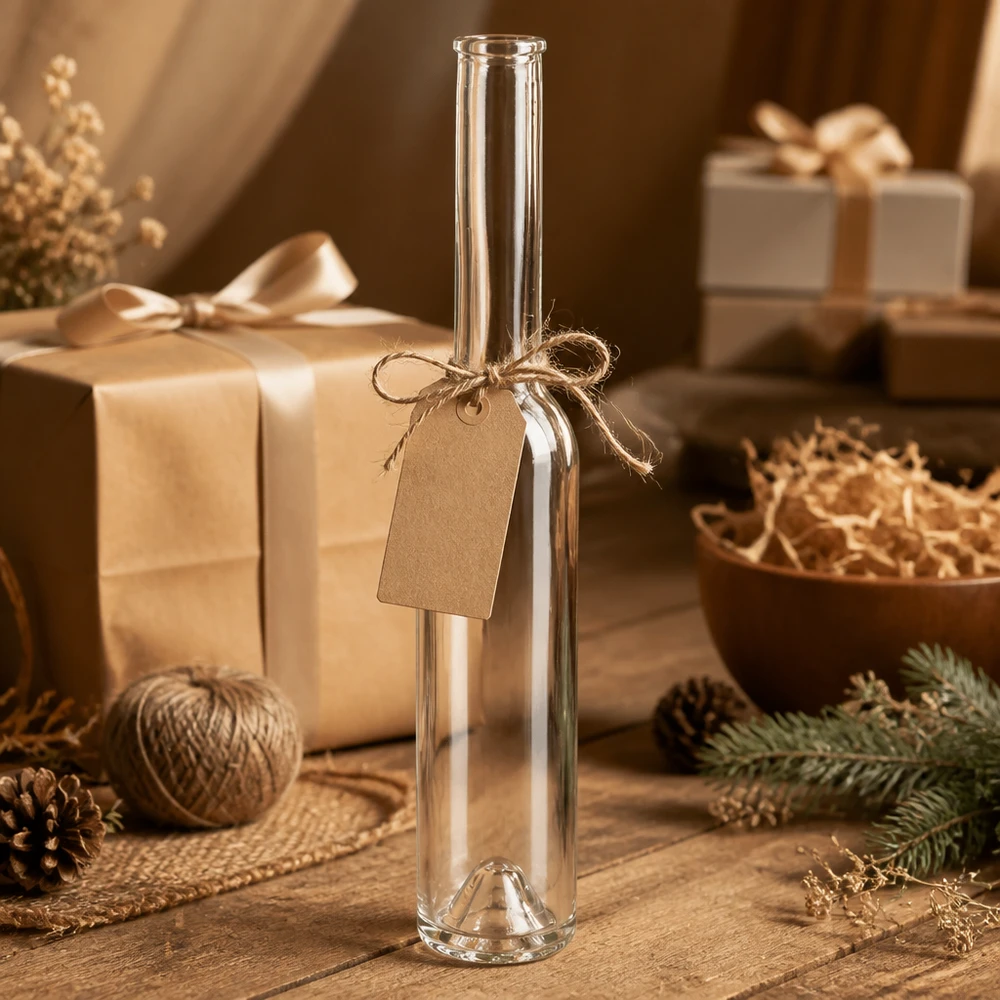 200ml glazen fles Hugo leeg met kadotag rustieke verpakking ambachtelijk materiaal kerstdecoratie natuurlijke materialen